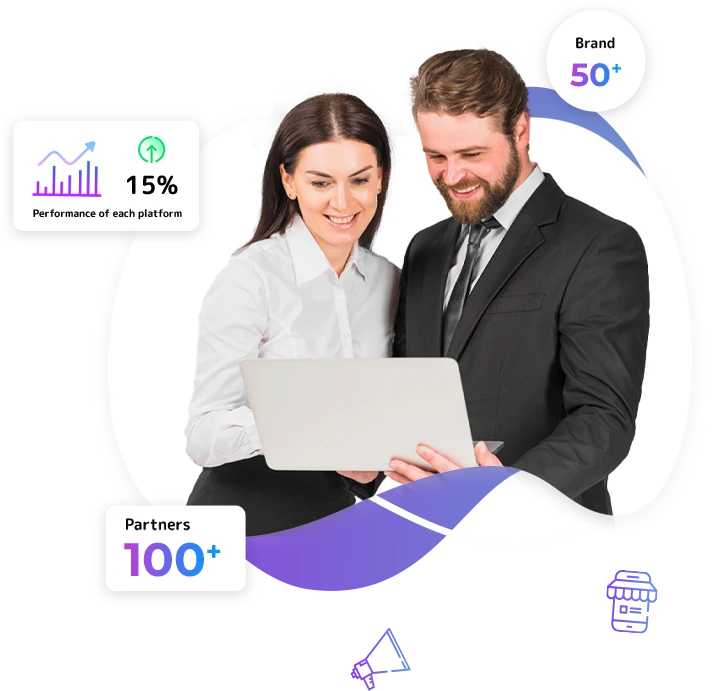 Professional B2B marketing team with statistics showing 100+ partners and 50+ brand clients.