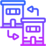 Interconnected building icons representing corporate subsidiaries and strategic partnerships.