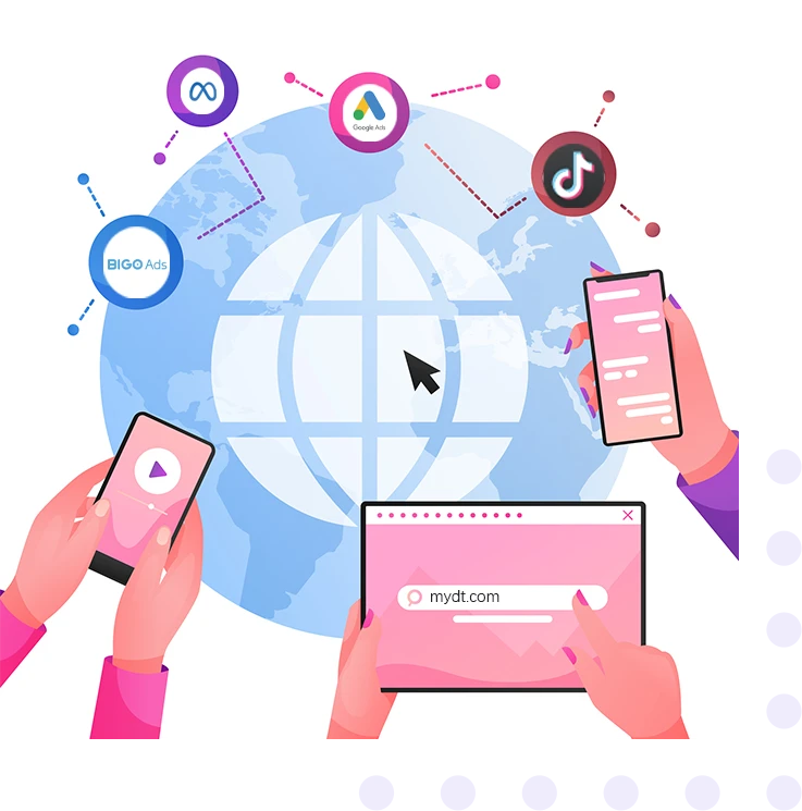Multi-channel advertising integration map with icons for Google Ads, TikTok, Meta, and BIGO Ads.