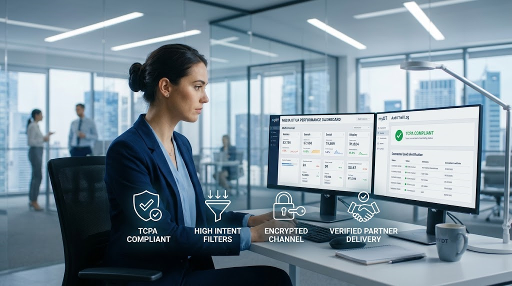 Digital marketing strategist reviewing multi-channel performance and backend optimization metrics in a modern office.