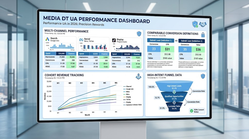 Dashboard visualization of multi-channel performance metrics and comparable conversion data for user acquisition.
