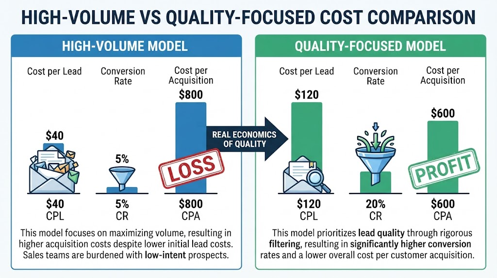 Lead quality vs volume – cost per acquisition comparison chart
