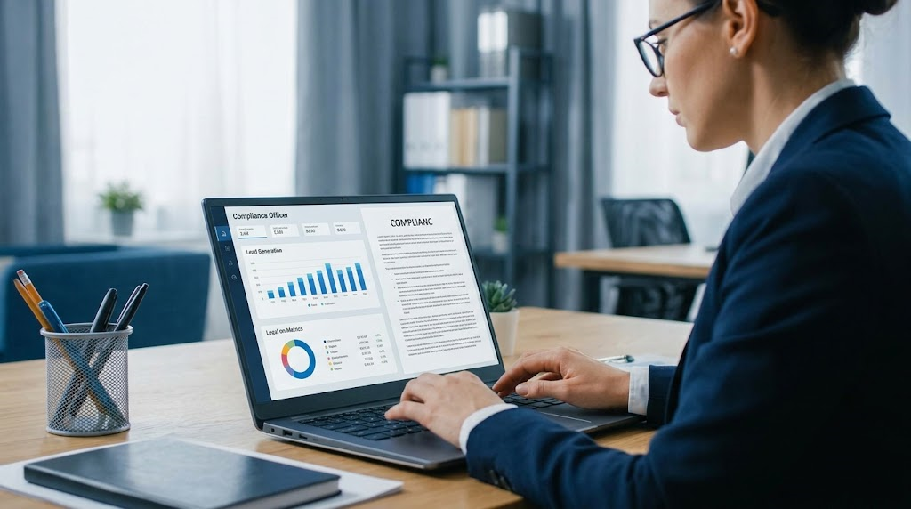 A professional business office setting where a compliance officer reviews digital lead generation metrics and legal documentation on a laptop screen.