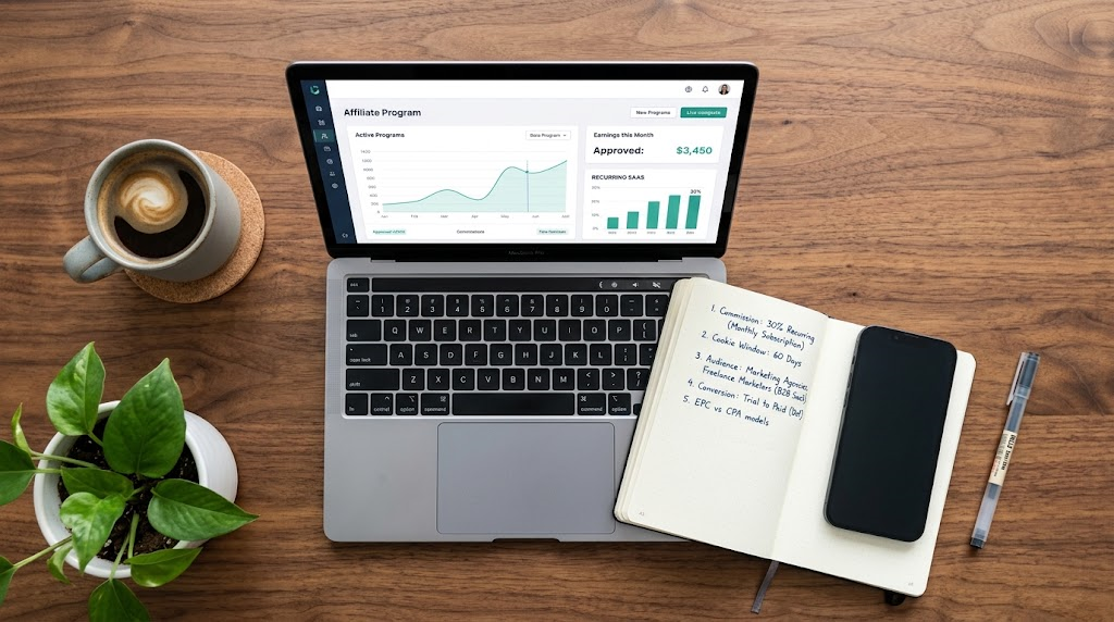 A professional desk setup showing a laptop with software affiliate program analytics and a notebook detailing selection criteria like commission rates and cookie windows.