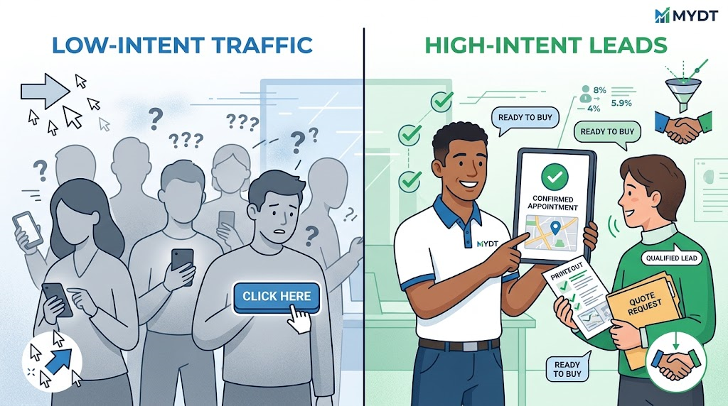 A conceptual comparison illustrating the difference between random generic leads and high-intent sales-ready contacts.