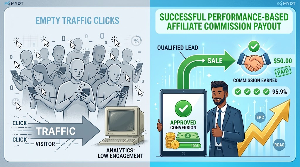 A split conceptual illustration comparing low-intent traffic clicks on the left with a successful performance-based affiliate commission payout and approved conversion on the right.