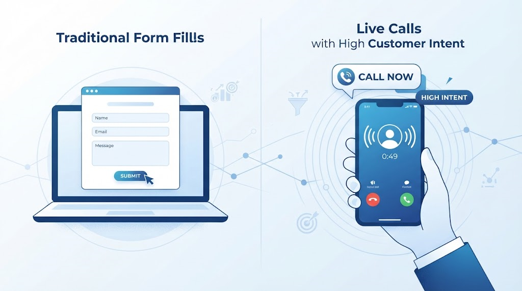 Illustration comparing a traditional online form fill on a laptop with a live smartphone call representing high customer intent and engagement.