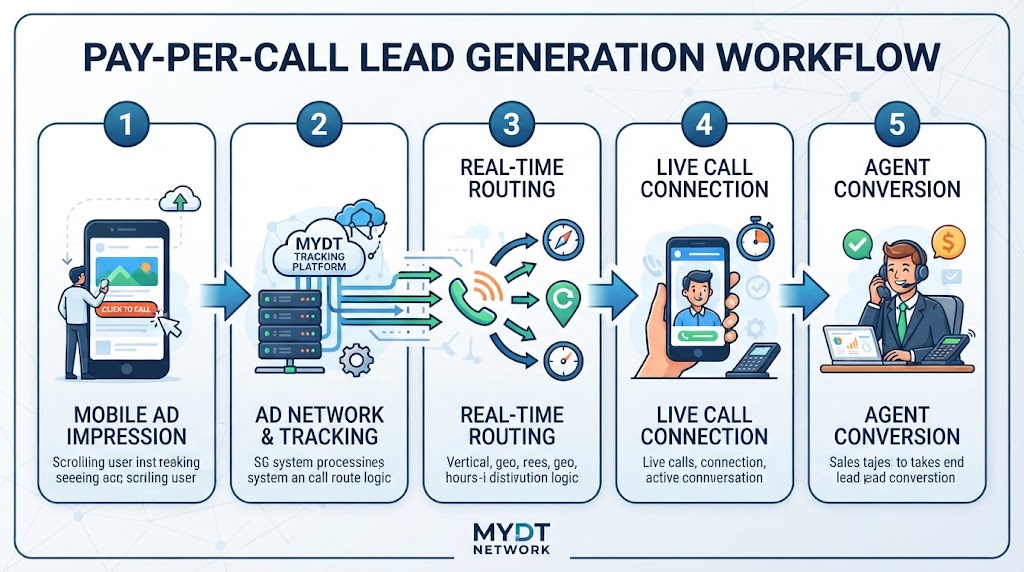 Infographic workflow diagram showing the step-by-step pay-per-call lead generation process from mobile ad impression to real-time routing and agent conversion.