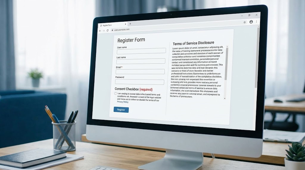 A close-up of a digital online form on a computer screen highlighting a clear consent checkbox and terms disclosure for user data collection.