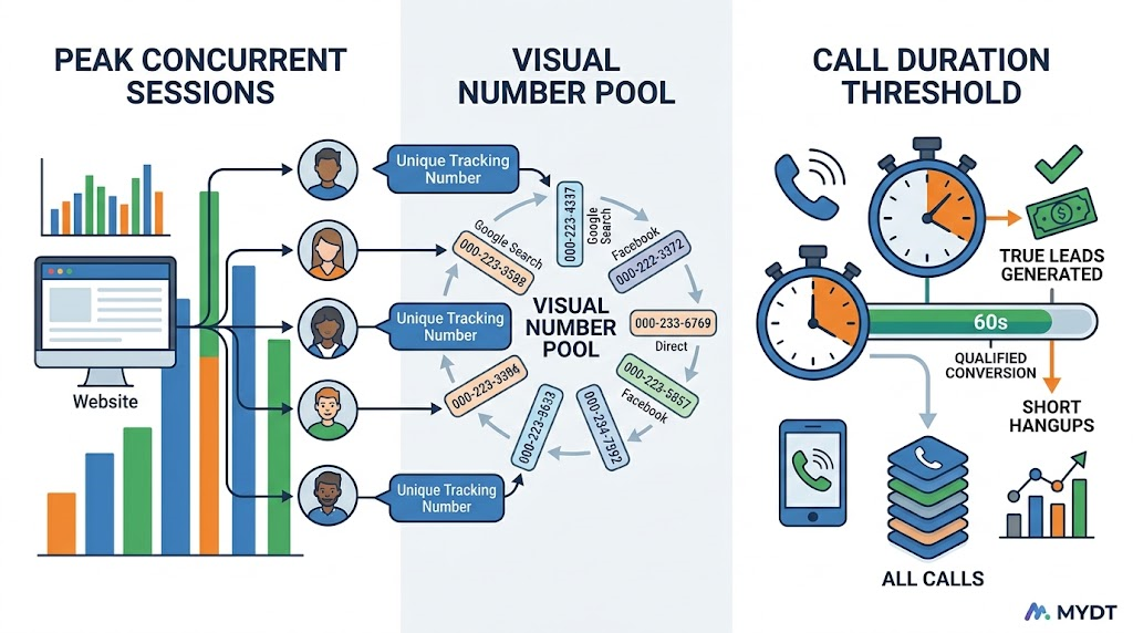 An infographic visually connecting DNI number pool size to peak concurrent user sessions, and illustrating call duration thresholds to filter and qualify genuine generated leads for ROI.