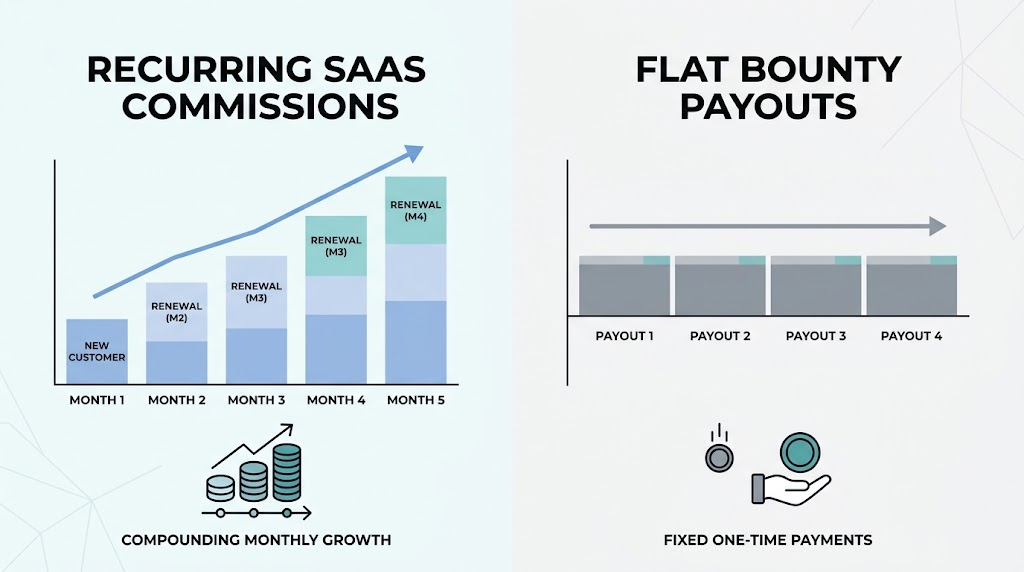 Infographic comparing recurring SaaS commission growth over time against flat bounty payout models.