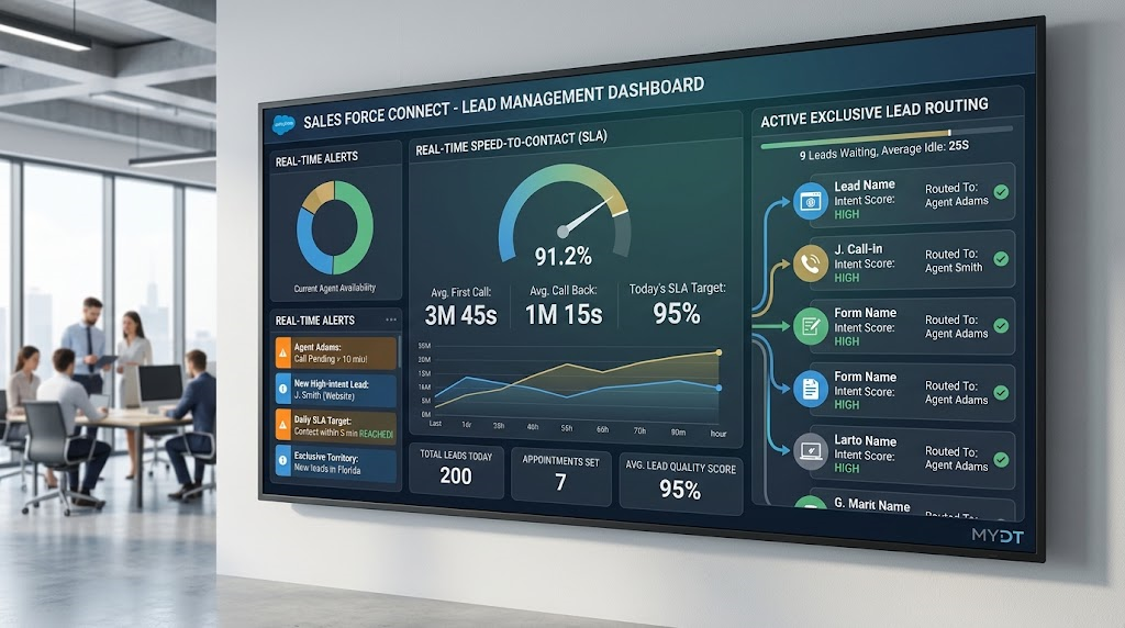 A modern performance dashboard showcasing speed-to-contact metrics and exclusive lead routing for sales teams.