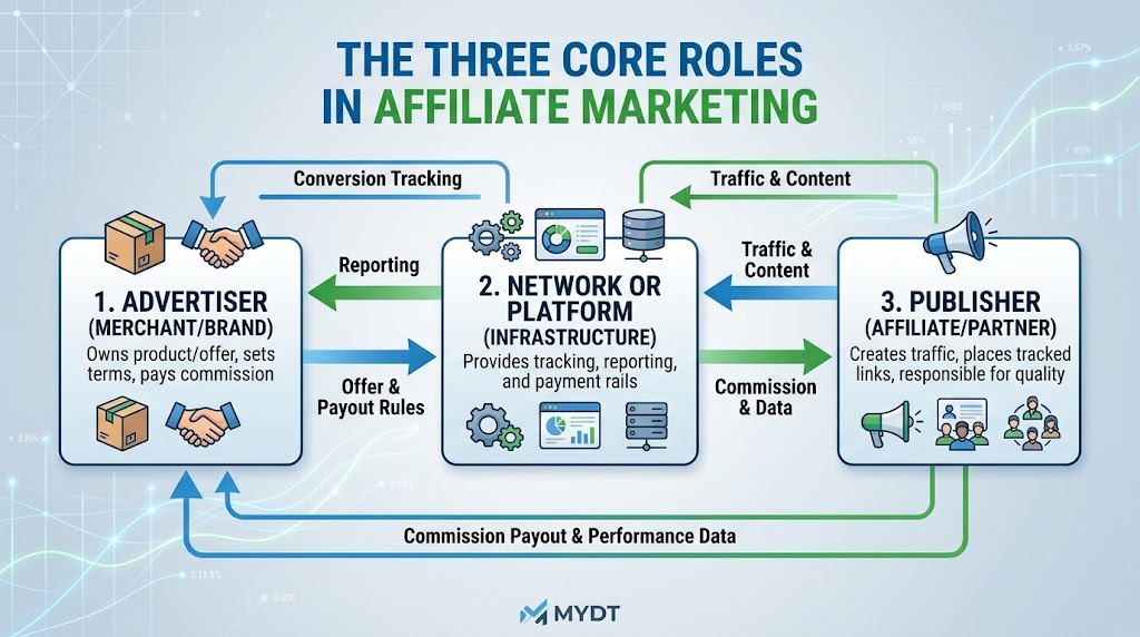 A clean corporate flowchart diagram showing the three core roles in affiliate marketing: Advertiser, Network or Platform, and Publisher with tracking data flows.