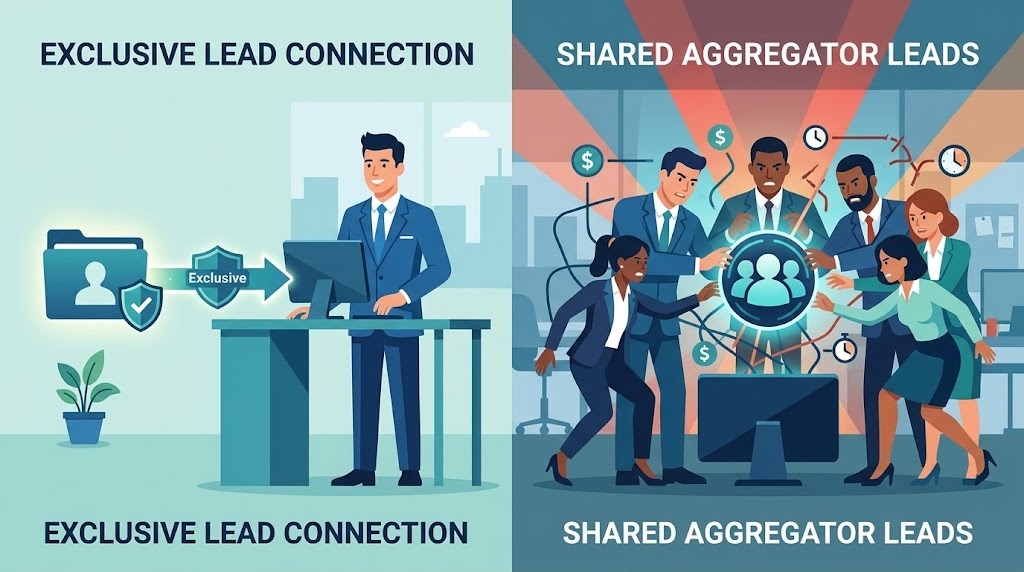 Vector comparison showing an exclusive insurance lead going to a single agent versus a shared lead distributed to multiple competing buyers.
