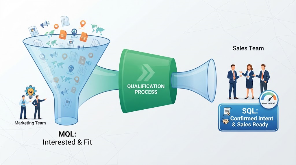 An illustration of a marketing funnel. On the left, a "Marketing Team" places "MQL: Interested & Fit" leads into a wide funnel. Leads go through a green "Qualification Process" tube. On the right, a "Sales Team" receives "SQL: Confirmed Intent & Sales Ready" leads, indicated by a handshake and high-intent gauge. The background is light blue with abstract lines.