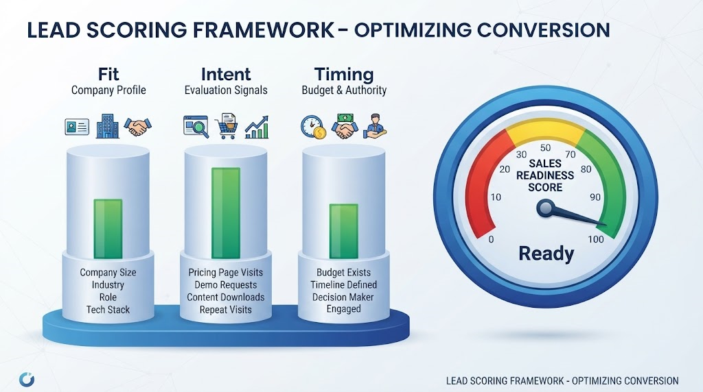 Infographic titled "Lead Scoring Framework - Optimizing Conversion," showing three cylindrical pillars for Fit, Intent, and Timing criteria, alongside a "Ready" Sales Readiness Score gauge.