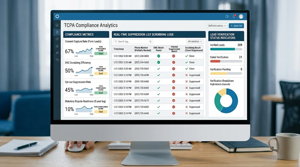 A data dashboard interface displaying compliance metrics, real-time suppression list scrubbing logs, and lead verification status indicators in a clean enterprise layout.
