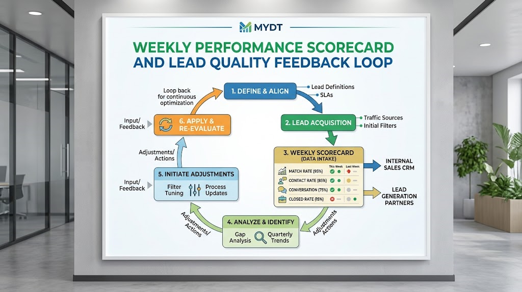 A professional performance scorecard and feedback loop diagram illustrating metrics for tracking lead quality and match rates.