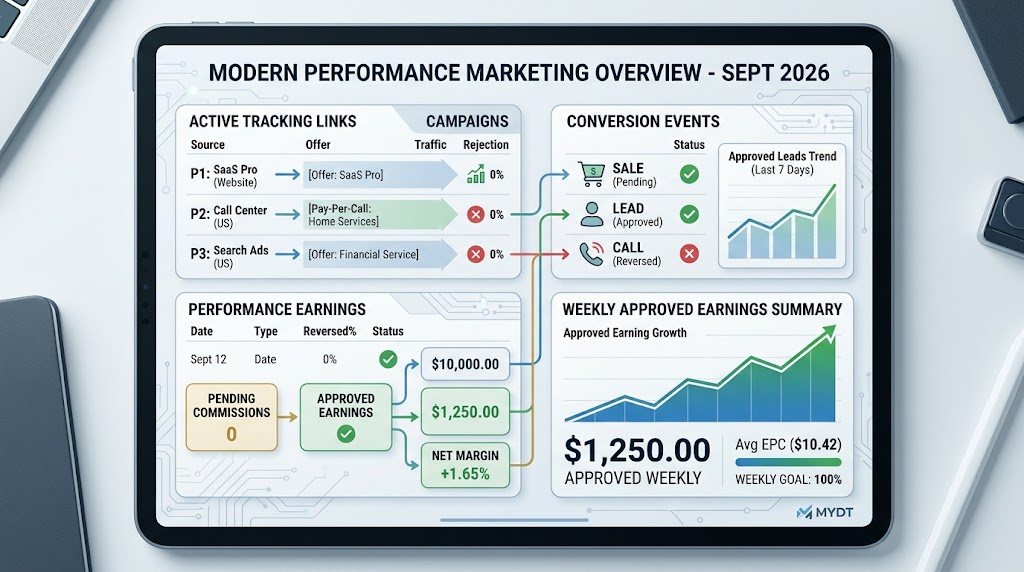 A modern performance marketing dashboard displaying active tracking links, conversion events, performance earnings, and a weekly approved earnings summary chart.