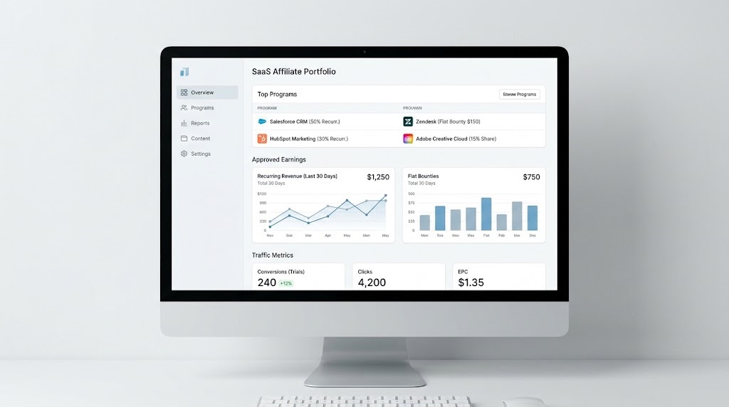 A modern SaaS analytics dashboard interface displaying a managed portfolio of software affiliate programs and approved earnings.