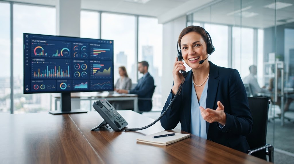 Professional office scene with a sales consultant wearing a headset on a live phone call, with performance analytics dashboards displayed on screen.