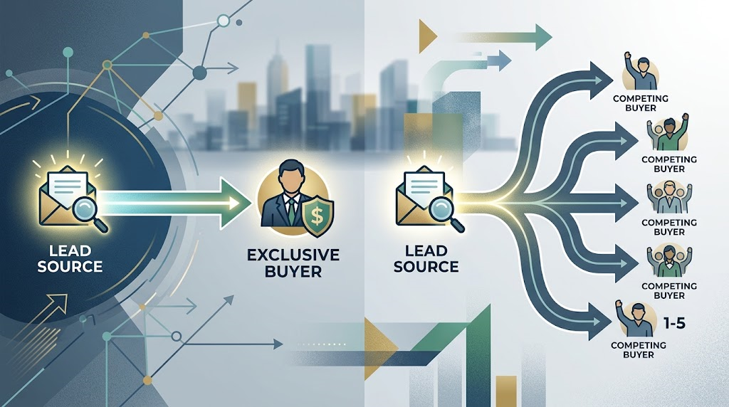 An editorial illustration contrasting a single exclusive sales lead routed to one buyer versus a shared lead splitting into multiple competing company queues.
