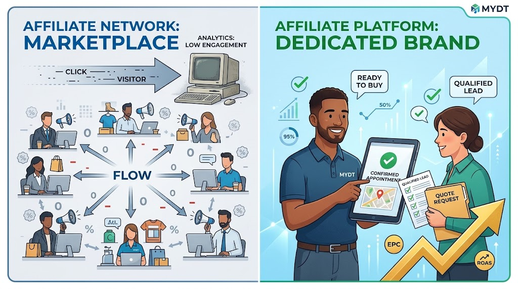 A conceptual comparison illustrating the difference between a multi-merchant affiliate network and a dedicated single-brand affiliate platform.