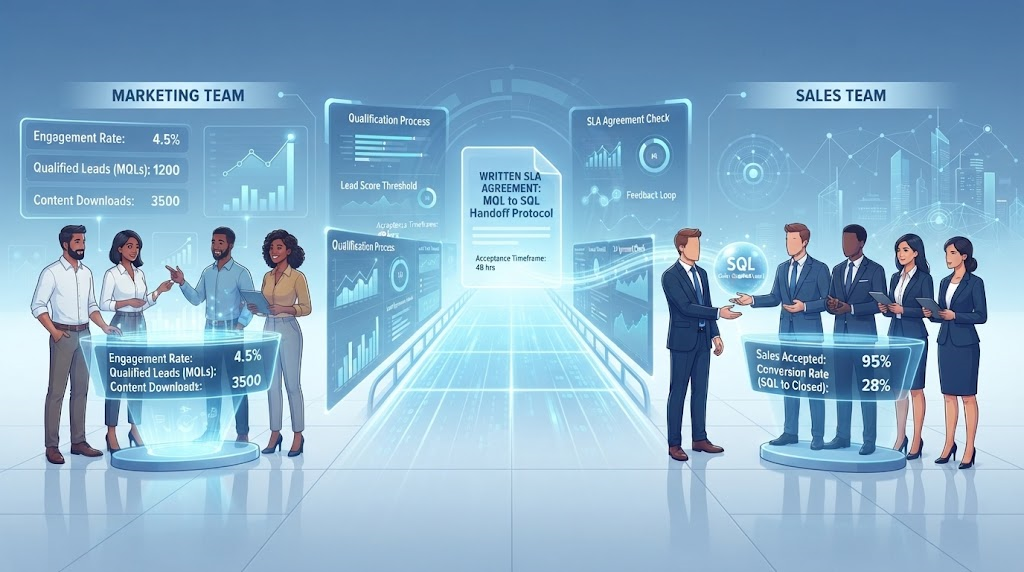 Digital illustration of a streamlined MQL-to-SQL handoff between a data-driven marketing team and a sales team using an SLA.