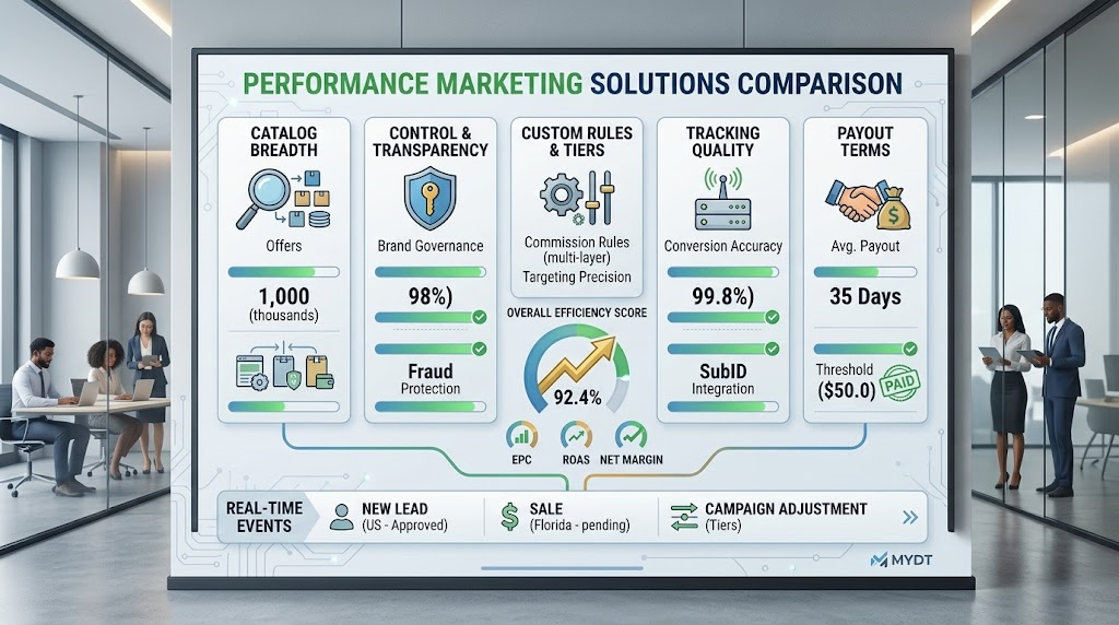 A clean side-by-side performance dashboard comparing affiliate networks and platforms across catalog breadth, customization, tracking, and payout metrics.