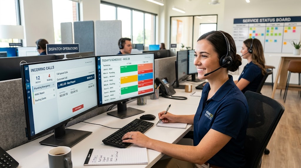 Customer service representative efficiently managing incoming high-intent home service calls in a modern dispatch office.