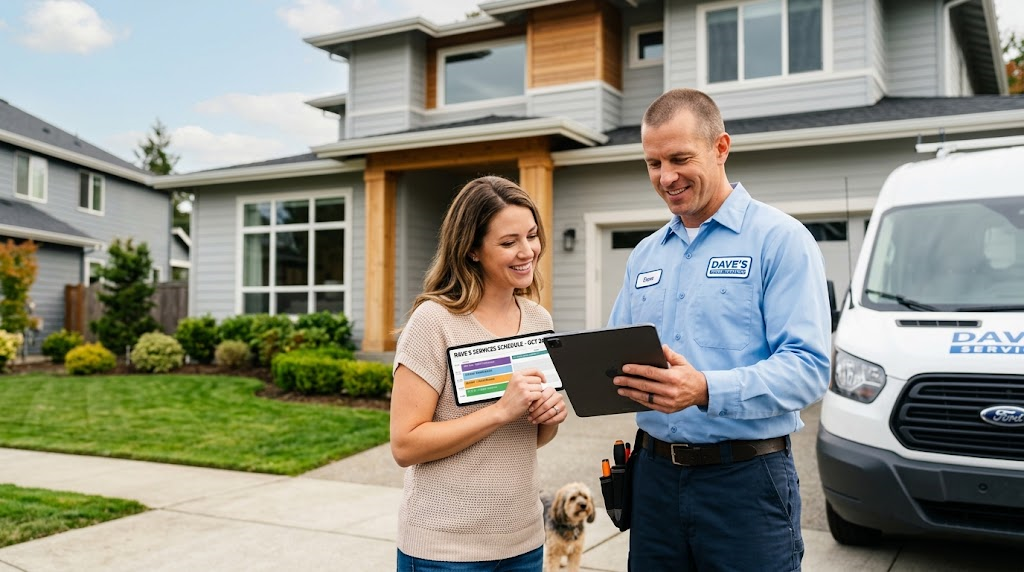 Professional home service contractor and homeowner reviewing a booked service appointment on a tablet outside a residential home.