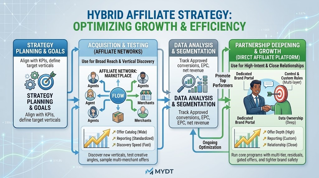 A professional workflow diagram illustrating a hybrid affiliate marketing strategy combining network-based testing with direct platform partnerships.