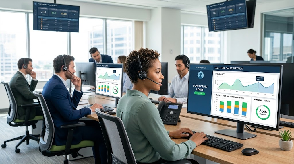 A dynamic sales team working in a high-velocity call center environment, emphasizing speed-to-contact requirements and operational capacity needed for handling shared lead volumes.