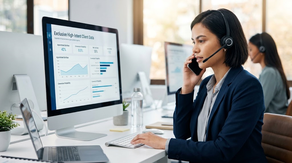 A professional sales representative focused on a computer screen while making a calm phone call, representing the high conversion benefit of exclusive leads.