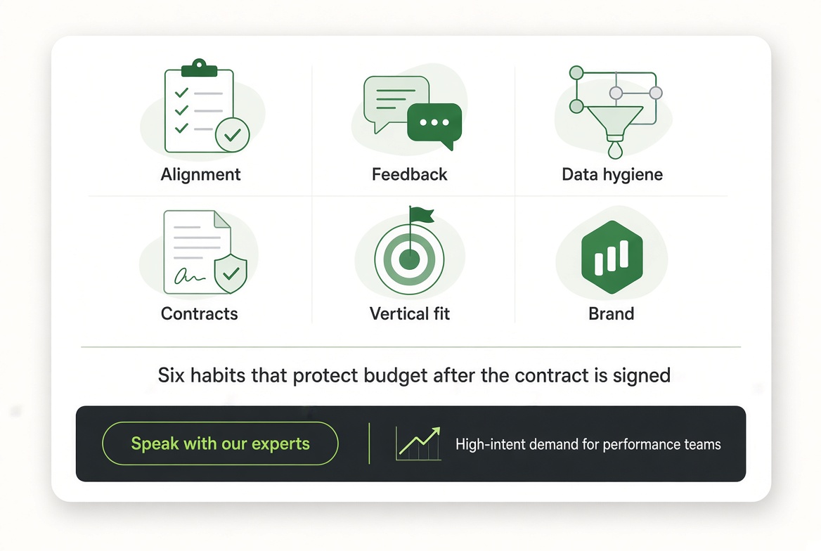 Operating habits checklist for B2B lead generation company: Alignment, Feedback, Data hygiene, Contracts, Vertical fit, Brand, with Speak with MYDT experts CTA