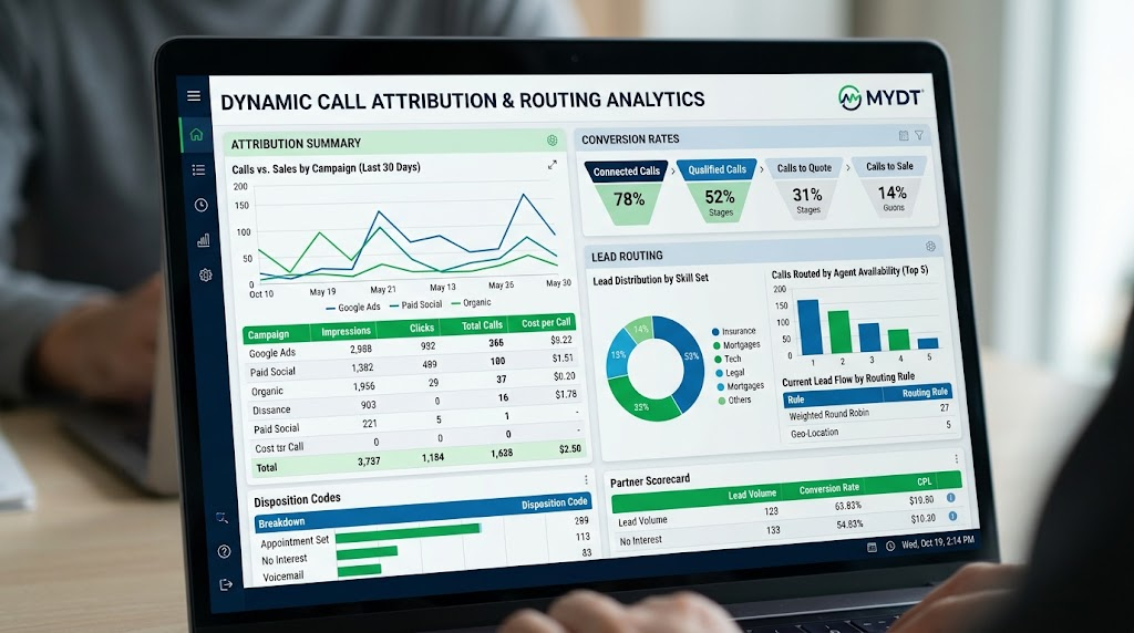 A close up of a laptop screen displaying dynamic phone call attribution software analytics, conversion rates, and lead routing charts for marketing campaigns.