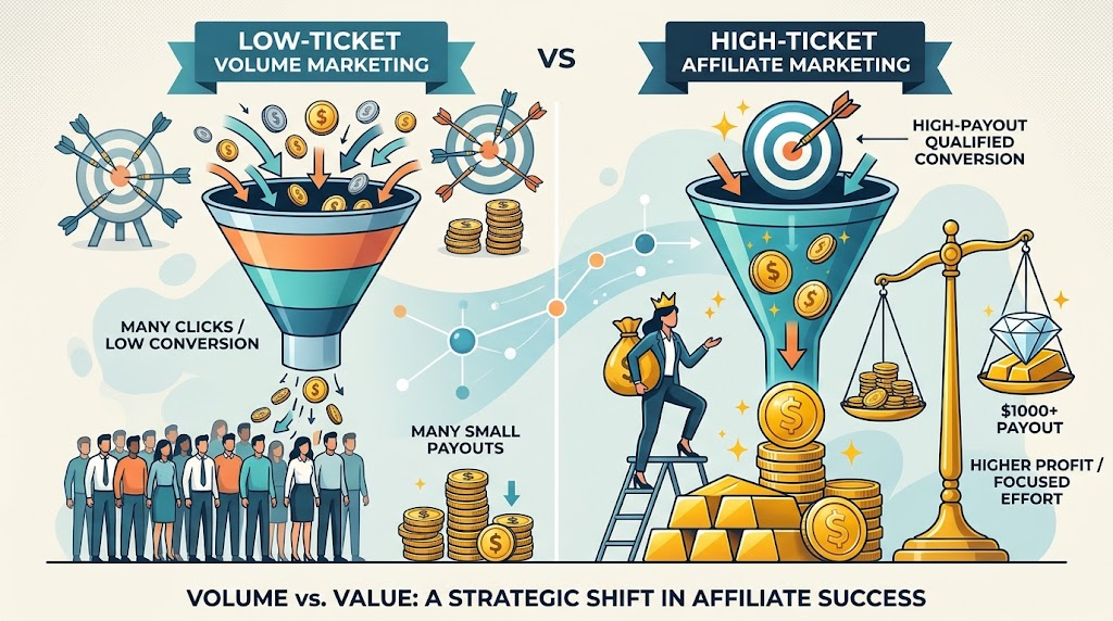 Conceptual illustration comparing high-ticket affiliate marketing focus on qualified conversions versus low-ticket volume.