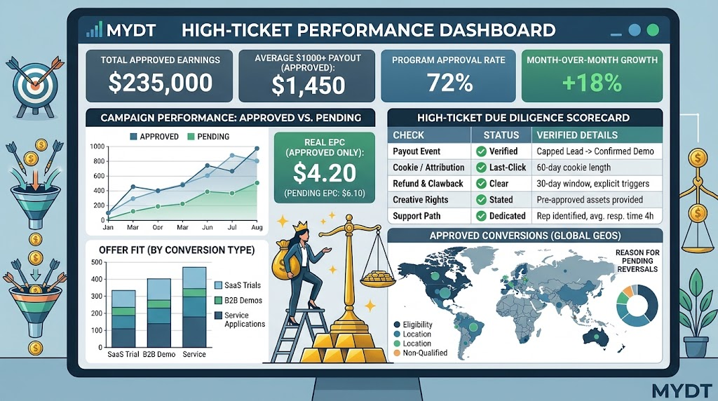 Dashboard screen showing analytics and a verification scorecard for high-ticket affiliate marketing due diligence.