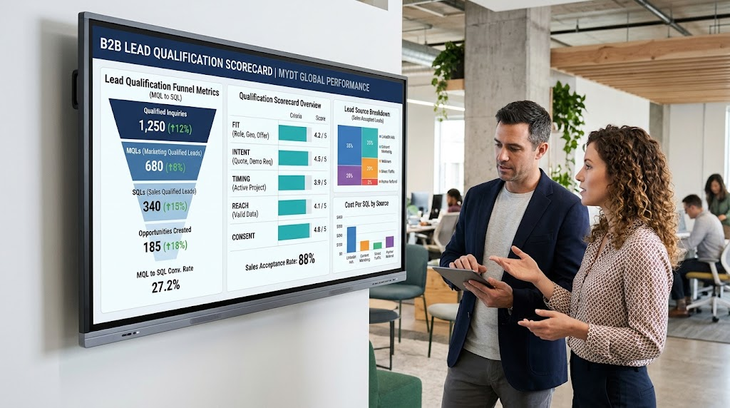 Professional B2B marketing dashboard displaying lead qualification scorecard metrics, funnel analytics, and analytics data in a modern corporate office.