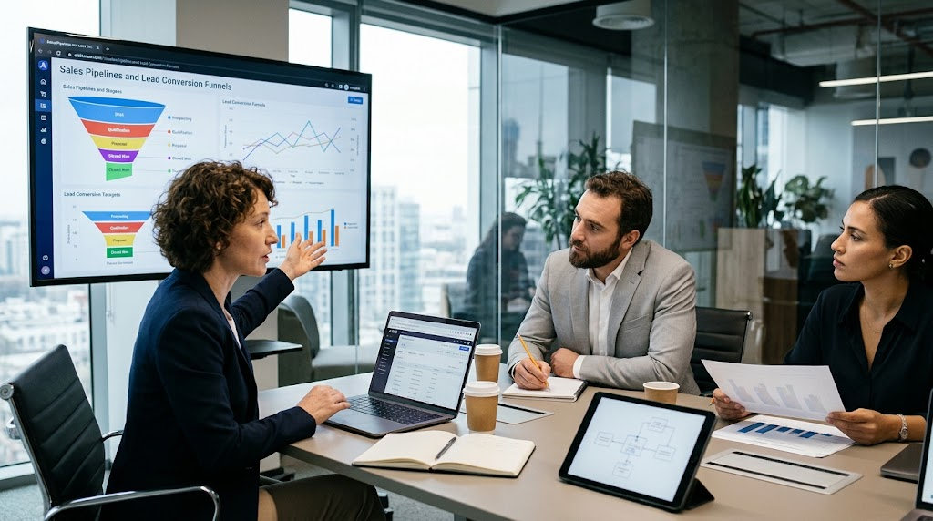 Business professionals collaborating in a meeting room, analyzing sales pipelines, conversion funnels, and performance metrics on a large screen.