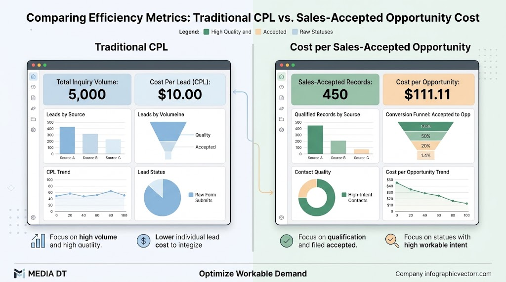 Infographic comparing traditional cost per lead with sales accepted opportunity metrics on a digital dashboard.