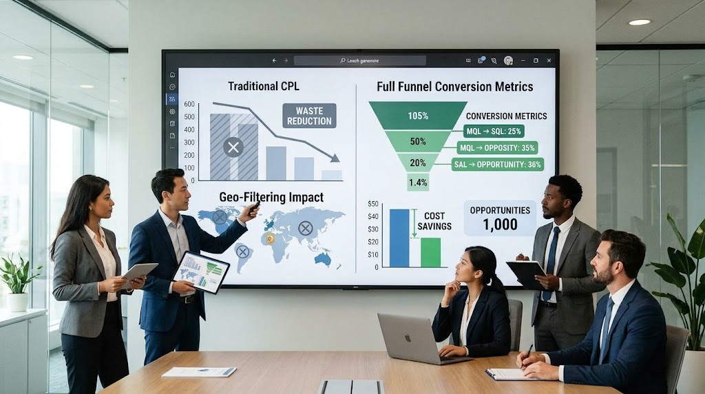 Marketing professionals analyzing lead generation funnel data and performance metrics on a digital screen.