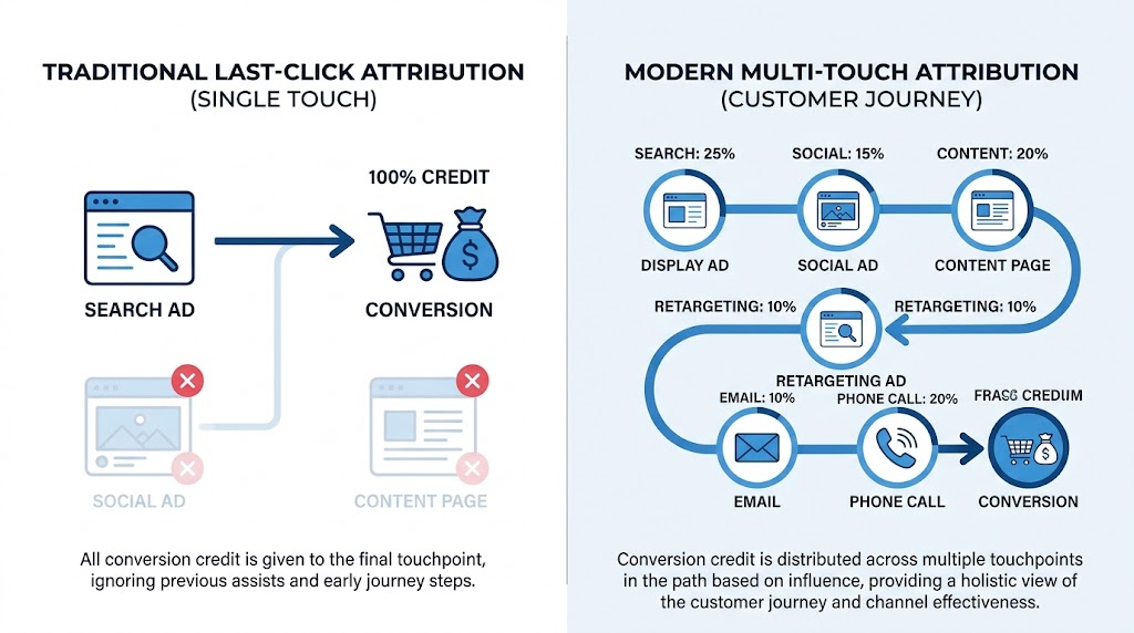 An infographic comparing last-click attribution with multi-touch attribution, showing fractional budget credit distributed across a connected customer journey path of digital ads and calls.