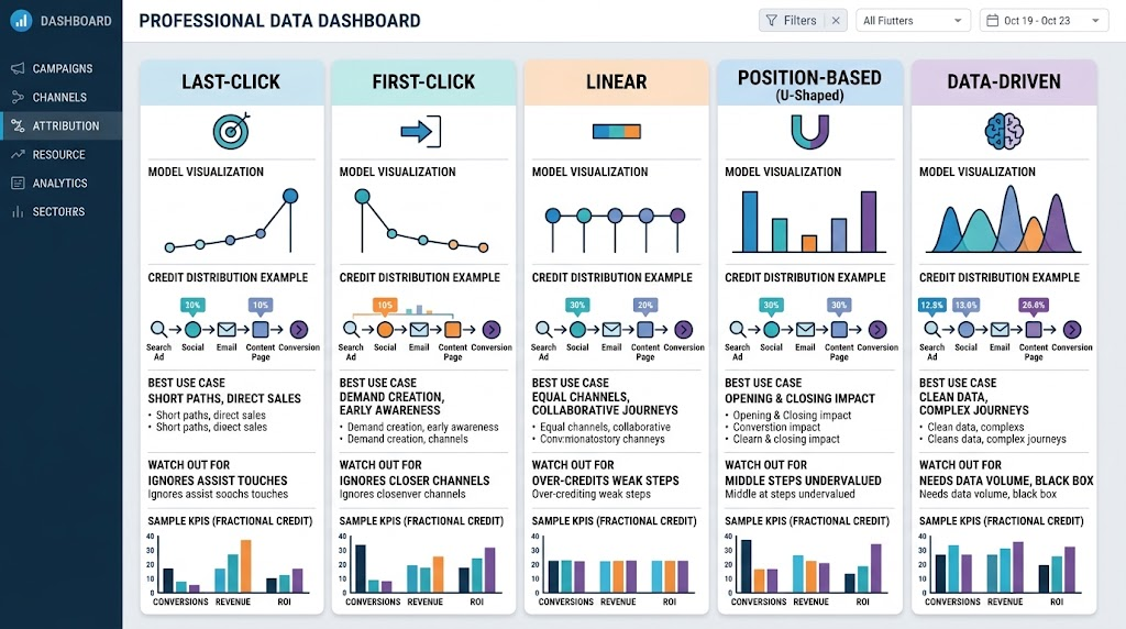 A structured data graphic illustrating different marketing attribution models like linear, position-based, and data-driven for lead and call campaign budget allocation.