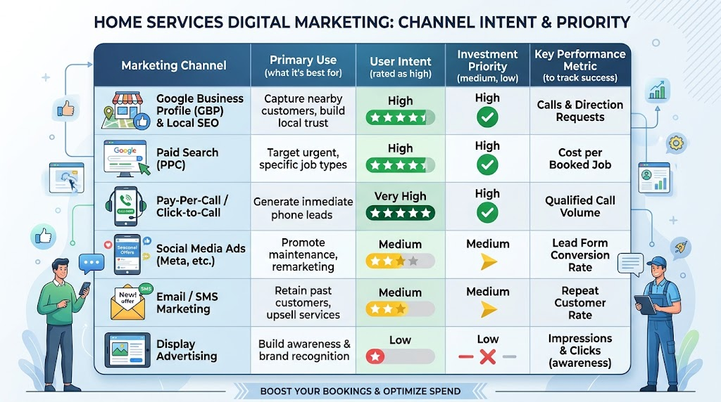 Infographic table comparing home services digital marketing channels by intent, priority, and watch-outs.