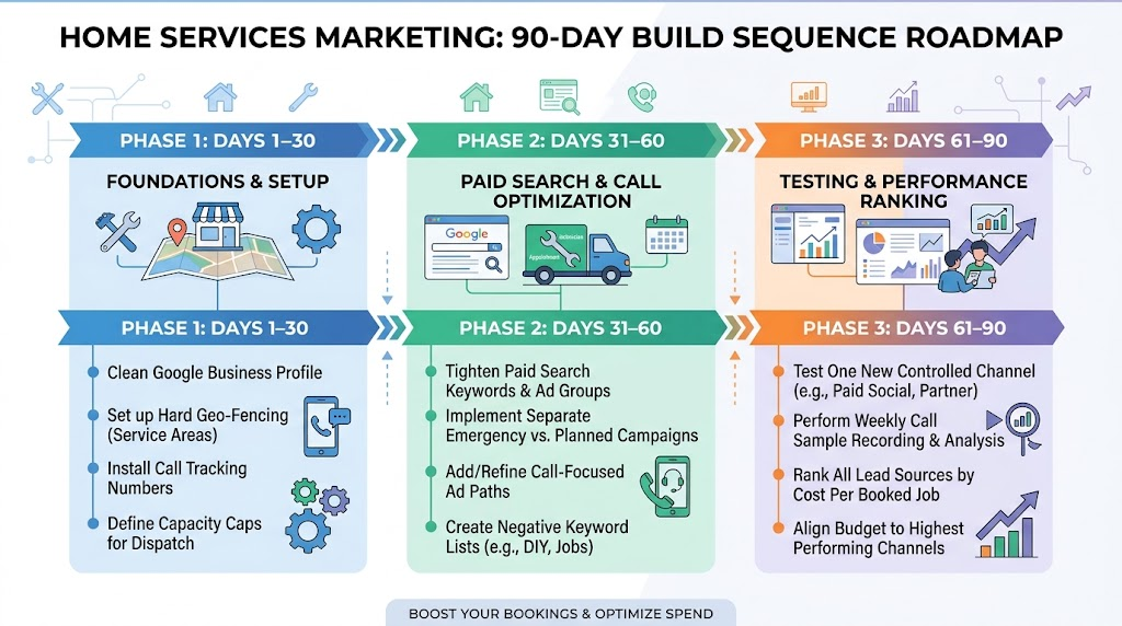 A 90-day marketing build sequence roadmap timeline outlining phases for local setup, paid search, and partner testing.