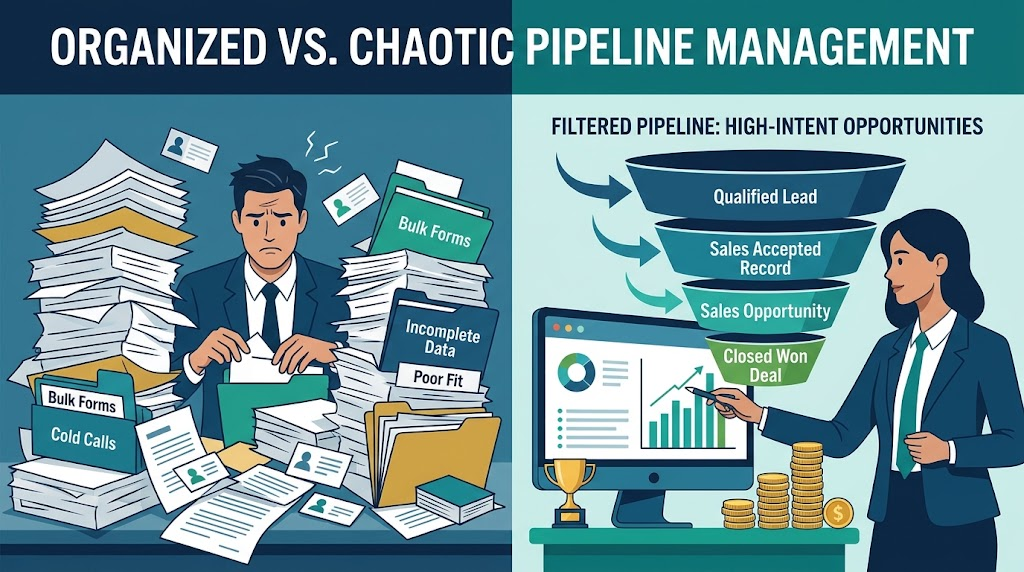 A comparison graphic showing unorganized bulk forms versus filtered high-intent sales opportunities.