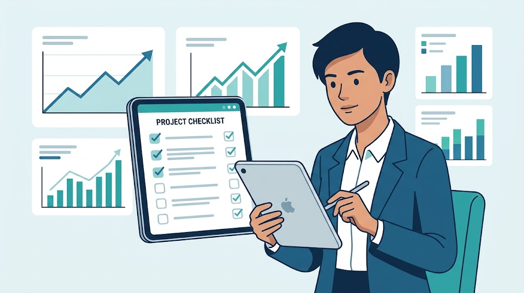 A business professional reviewing a strategic outsourcing checklist on a tablet screen.