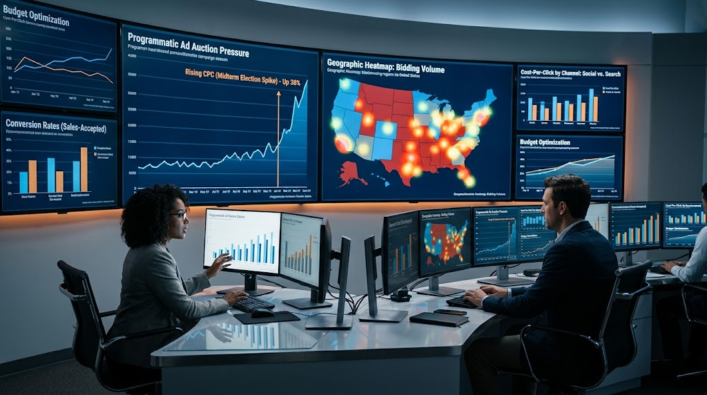 Digital marketing analytics dashboards showing programmatic ad auction metrics and rising cost-per-click graphs.