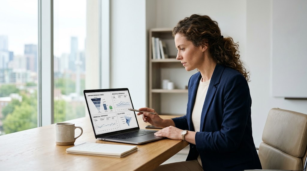 A professional woman reviewing campaign conversion funnels and inbound call performance metrics on her laptop screen in a modern minimalist office by a window.